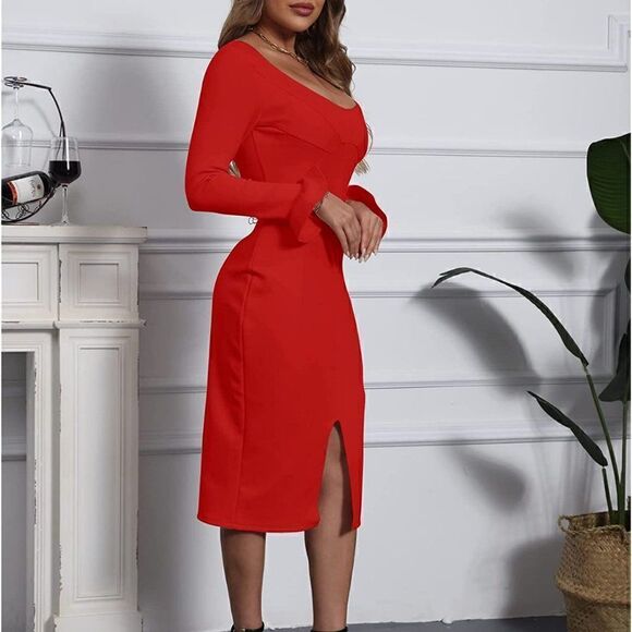 Long Ruffle Sleeve Front Slit Bodycon Party Midi Red Dress NEW Size L - Picture 6 of 9